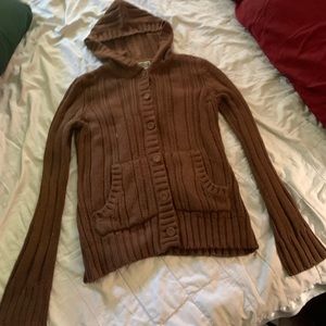 Womens Route 66 Long Sleeve Hooded Button Up Sweater Small Brown